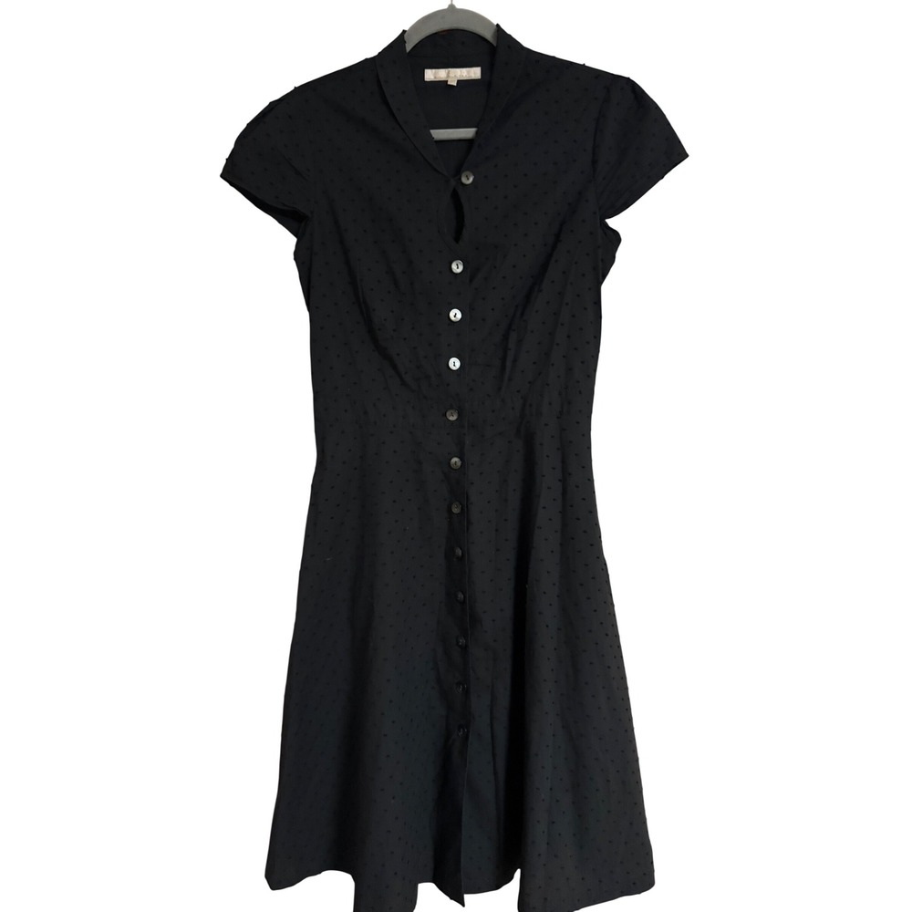 Archerie NYC Black Swiss Dot Cotton Button Front Midi Dress Womens 4 Made in USA